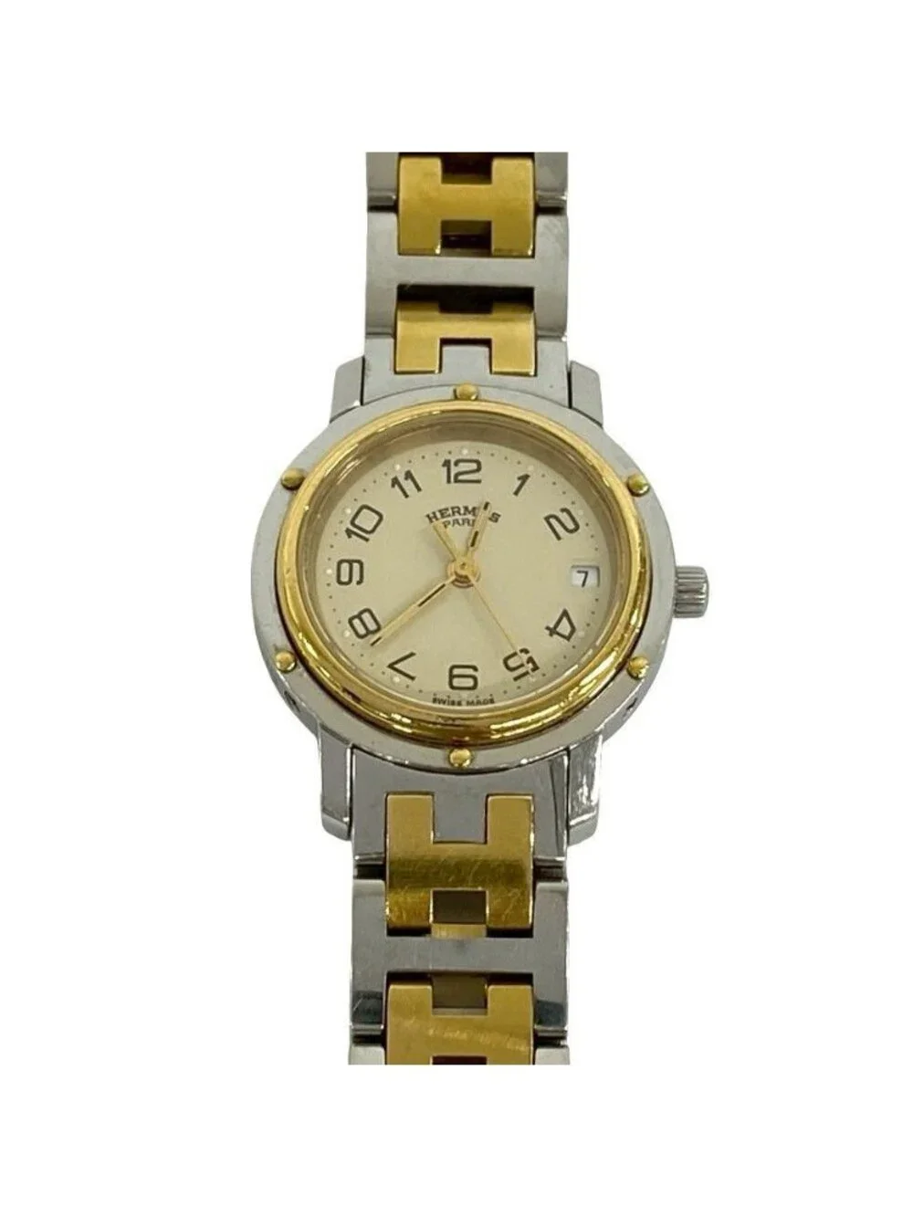 Hermes Clipper Stainless Steel Quartz Watch Wristwatch Silver Gold
